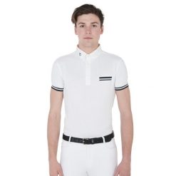 Męska koszulka polo slim fit z czarnymi wstawkami do zawodów. Białe koszulki polo męskie EQUESTRO, na lato, m, bez wzorów, z bawełny, bez ramiączek. Za 253.50 zł.