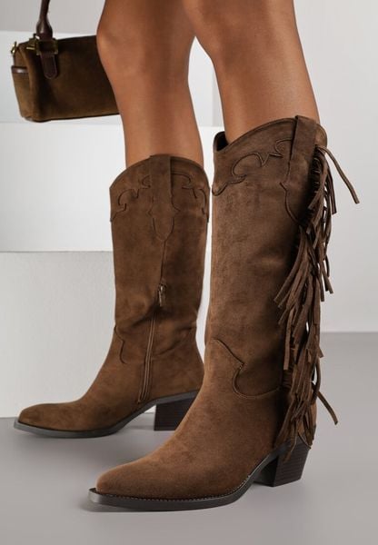 Brązowe Kozaki Kowbojki na Stożku Ozdobione Frędzlami Reianeva. Brązowe kozaki damskie Renee, z jeansu, bez obcasa, na obcasie. Za 169.99 zł.