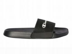 Klapki damskie Champion DTN21 Slide. Czarne klapki damskie Champion, w ażurowe wzory, z materiału, sportowe, bez obcasa, na płaskiej podeszwie. Za 75.00 zł.