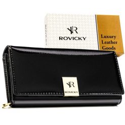 Skórzany, duży portfel damski w czarnym kolorze zamykany na zatrzask - Rovicky. Czarne portfele damskie ROVICKY, bez wzorów, ze skóry. Za 99.99 zł.
