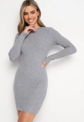 Szara Sukienka Mini z Prążkowanej Sweterkowej Dzianiny o Dopasowanym Fasonie Paulinma. Szare sukienki damskie Born2be, bez wzorów, z bawełny, bez kołnierzyka, bez ramiączek, maxi, dopasowane. Za 74.99 zł.