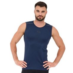 Bezrękawnik męski Brubeck FITNESS. Niebieskie koszulki sportowe męskie Brubeck, m, bez wzorów, z elastanu, bez kołnierzyka, bez ramiączek, na fitness i siłownię. W wyprzedaży za 42.49 zł.
