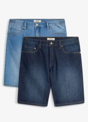 Lekkie bermudy jeansowe z elastyczną wstawką w talii, regular fit (2 pary). Niebieskie jeansy męskie bonprix, klasyczne. Za 169.99 zł.