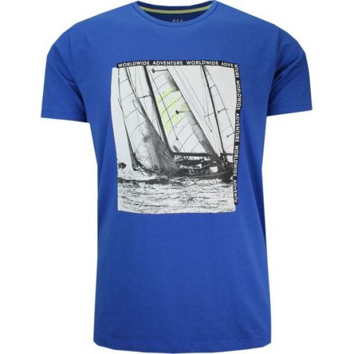 T-Shirt Męski Chabrowa z Nadrukiem w Żaglówkę, Koszulka, Krótki Rękaw, U-neck. Niebieskie t-shirty męskie MCL, na lato, l, bez wzorów, z bawełny, casualowe, bez kołnierzyka. Za 119.00 zł.