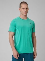 4F Koszulka treningowa regular szybkoschnąca męska - turkusowa 3XL. Niebieskie koszulki sportowe męskie 4f, m, bez wzorów, ze skóry, sportowe, bez kołnierzyka. Za 79.99 zł.