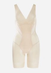 Beżowe Modelujące Body z Kopertowym Dekoltem i Koronką Tivas. Brązowe bielizna wyszczuplająca Born2be, l, bez wzorów, z koronki. Za 74.99 zł.