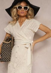 Jasnobeżowa Krótka Wiązana Bluzka z Haftowanej Tkaniny Moalma. Brązowe bluzki damskie Renee, l, bez wzorów, z jeansu, eleganckie, bez kołnierzyka, bez ramiączek. Za 74.99 zł.