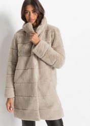 Płaszcz ze sztucznego futra. Szare płaszcze damskie bonprix, bez wzorów, bez kaptura. Za 299.99 zł.
