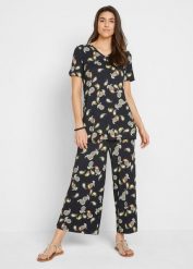Bluzka i spodnie culotte z lejącej wiskozy (komplet dwuczęściowy). Czarne bluzki damskie bonprix, bez wzorów, z wiskozy. Za 149.99 zł.