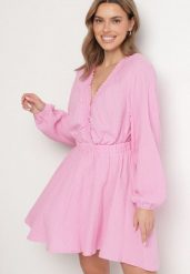 Różowa Sukienka Rozkloszowana z Bawełny z Dekoltem V Sallorea. Czerwone sukienki damskie Born2be, l, bez wzorów, z bawełny, eleganckie, bez kołnierzyka, bez ramiączek, mini, rozkloszowane. Za 64.99 zł.