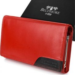 Beltimore Damski skórzany portfel duży poziomy z biglem RFiD czerwony BELTIMORE 038. Czerwone portfele damskie Beltimore, bez wzorów. Za 69.99 zł.