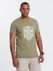 T-shirt męski z nadrukiem w stylu motocyklowym – oliwkowy V2 OM-TSPT-0125 - L. Zielone t-shirty męskie Ombre Clothing, l, bez wzorów, z bawełny, eleganckie, bez kołnierzyka. W wyprzedaży za 29.99 zł.