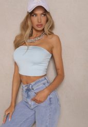 Jasnoniebieski Top z Elastycznej Tkaniny z Gumką z Tyłu Fynla. Niebieskie koszule damskie Renee, l, bez wzorów, z tkaniny, bez kołnierzyka, bez ramiączek. Za 44.99 zł.
