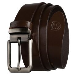 Skórzany, elegancki pasek męski w brązowym kolorze ze srebrną, klasyczną klamrą - Peterson. Brązowe paski damskie Peterson, bez wzorów, ze skóry, eleganckie. Za 49.99 zł.