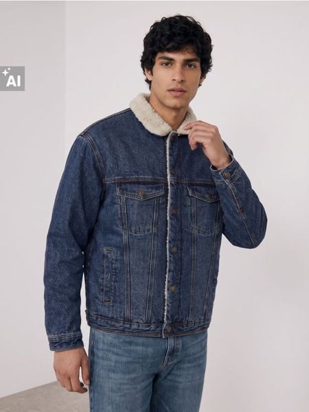 Kurtka jeansowa sherpa - granatowy. Niebieskie kurtki męskie Sinsay, l, bez wzorów, z jeansu, bez kaptura. Za 139.99 zł.