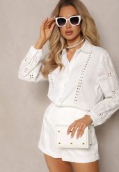 Biała Koszula w Stylu Boho z Ozdobnym Haftem Anvia. Białe bluzki damskie Renee, l, bez wzorów, boho, bez kołnierzyka, bez ramiączek. Za 69.99 zł.
