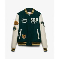Kurtka Superdry Vintage Varsity. Zielone kurtki sportowe męskie Superdry., s, z aplikacjami, ze skóry. Za 850.10 zł.