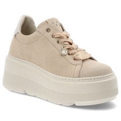 Beżowe Sneakersy Karino Modne Obuwie Damskie Na Platformie. Brązowe półbuty damskie Karino, z aplikacjami, z satyny, eleganckie, bez obcasa, na platformie, bez zapięcia. Za 449.00 zł.