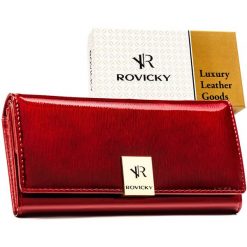 Duży portfel damski z lakierowanej skóry naturalnej w czerwonym kolorze zamykany na zatrzask - Rovicky. Czerwone portfele damskie ROVICKY, bez wzorów, ze skóry. Za 99.99 zł.