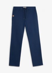 Spodnie chinosy, classic fit, ze stretchem i szeroką nogawką, straight. Niebieskie eleganckie spodnie męskie bonprix, m, bez wzorów. Za 129.99 zł.