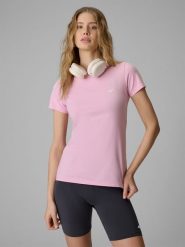 4F T-shirt slim gładki damski - różowy XS. Czerwone t-shirty damskie 4f, xs, bez wzorów, z materiału, klasyczne, bez kołnierzyka. Za 49.99 zł.