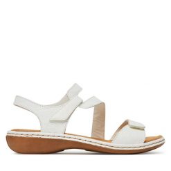 Sandały Rieker. Białe sandały damskie Rieker, bez wzorów, bez obcasa, na płaskiej podeszwie, bez zapięcia. Za 259.99 zł.