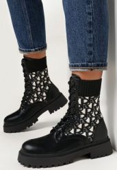 Czarne Botki Workery z Elastyczną Cholewką Sznurowane Aegadia. Czarne botki damskie Born2be, z jeansu, eleganckie, bez obcasa, na obcasie, bez zapięcia. Za 54.99 zł.