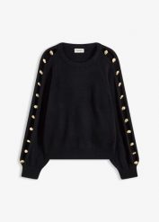 Sweter z metalowymi perełkami. Czarne swetry damskie bonprix, z aplikacjami, bez kołnierzyka, bez ramiączek, długie, bez kaptura. Za 159.99 zł.