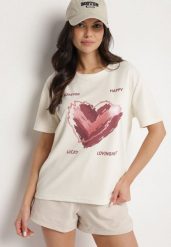 Jasnobeżowy T-shirt z Ozdobnym Nadrukiem Palithiela. Brązowe bluzki damskie Born2be, l, bez wzorów, z jeansu, klasyczne, bez kołnierzyka. Za 29.99 zł.