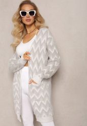 Szary Niezapinany Kardigan o Przedłużonym Fasonie w Zygzaki Chevron Oherna. Szare kardigany damskie Renee, bez wzorów, z tkaniny, bez kołnierzyka, bez ramiączek, bez kaptura. Za 99.99 zł.