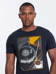T-shirt męski bawełniany z nadrukiem winyl - granatowy V2. Niebieskie t-shirty męskie Ombre Clothing, m, bez wzorów, z bawełny, klasyczne, bez kołnierzyka. W wyprzedaży za 29.99 zł.