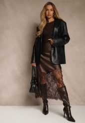 Brązowa Koktajlowa Spódnica z Satyny z Koronką Avelori. Brązowe spódnice damskie Renee, l, bez wzorów, z koronki, maxi, asymetryczne. Za 99.99 zł.