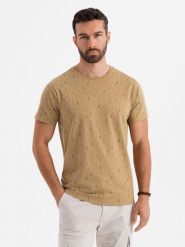 Koszulka bawełniana z nadrukiem i okrągłym dekoltem – ciemnooliwkowa V3 OM-TSFP-0225 - XXL. Zielone t-shirty męskie Ombre Clothing, l, bez wzorów, z bawełny, klasyczne, bez kołnierzyka. Za 65.99 zł.