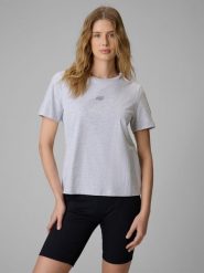 4F T-shirt regular gładki damski - szary S. Szare koszulki sportowe damskie 4f, s, bez wzorów, z materiału, bez kołnierzyka, bez ramiączek, na fitness i siłownię. Za 49.99 zł.