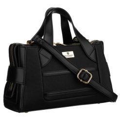 Elegancka, czarna torebka damska wykonana z materiału syntetycznego, zamykana suwakiem - Peterson. Czarne torebki do ręki damskie Peterson, bez wzorów, z syntetyku, eleganckie, bez dodatków. Za 169.99 zł.