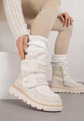 Beżowe Botki Śniegowce na Grubej Podeszwie Ozdobione Szerokimi Rzepami Amerria. Brązowe śniegowce i trapery damskie Born2be, z jeansu. Za 149.99 zł.