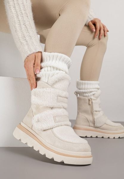 Beżowe Botki Śniegowce na Grubej Podeszwie Ozdobione Szerokimi Rzepami Amerria. Brązowe śniegowce i trapery damskie Born2be, z jeansu. Za 149.99 zł.