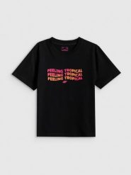 4F T-shirt boxy z nadrukiem damski - czarny L. Czarne t-shirty damskie 4f, l, bez wzorów, z bawełny, bez kołnierzyka. Za 69.99 zł.