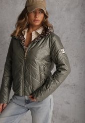 Zielona Pikowana Kurtka Dwustronna z Motywem Panterki i Naszywką Damike. Zielone kurtki damskie Renee, na wiosnę, m, z aplikacjami, bez kaptura. Za 129.99 zł.