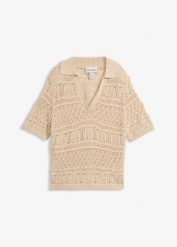 Sweter ażurowy z kołnierzykiem polo, z domieszką bawełny. Brązowe swetry damskie bonprix, w ażurowe wzory, z bawełny, bez kołnierzyka, bez ramiączek, bez kaptura. Za 54.99 zł.