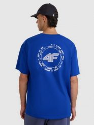 4F T-shirt oversize z nadrukiem męski - niebieski L. Niebieskie t-shirty męskie 4f, l, bez wzorów, z bawełny, bez kołnierzyka. Za 69.99 zł.