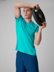 4F Koszulka treningowa regular szybkoschnąca męska - turkusowa S. Niebieskie koszulki sportowe męskie 4f, m, bez wzorów, ze skóry, bez kołnierzyka, bez ramiączek. Za 79.99 zł.