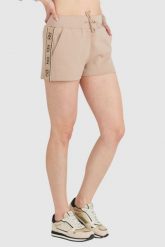 GUESS Beżowe szorty damskie z lampasami w logo. Brązowe szorty damskie Guess, s, z aplikacjami, z bawełny. W wyprzedaży za 229.99 zł.