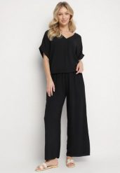 Czarny Komplet z Bawełny T-shirt Oversize i Szerokie Spodnie Lavtebia. Czarne spodnie materiałowe damskie Born2be, bez wzorów, z bawełny. Za 74.99 zł.