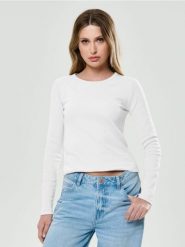 Prążkowana koszulka z długim rękawem - kremowy. Białe t-shirty damskie Sinsay, l, bez wzorów, prążkowane, bez kołnierzyka. Za 19.99 zł.