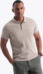 Ombre Jednokolorowa koszulka męska polo BASIC z dzianiny pique - ciemnobeżowa V5 OM-POBS-0100 L. Brązowe koszulki polo męskie Ombre, l, bez wzorów, z dzianiny, bez ramiączek. Za 79.99 zł.