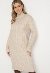 Jasnobeżowa Sweterkowa Sukienka z Golfem Wełną i Bawełną Ozdobiona Splotem Reiania. Brązowe sukienki damskie Born2be, do pracy, bez wzorów, z bawełny, biznesowe, bez kołnierzyka, bez ramiączek, proste. Za 79.99 zł.