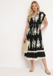 Czarna Rozkloszowana Sukienka w Stylu Boho Zapinana na Guziki z Materiałowym Paskiem Inferi. Czarne sukienki damskie Born2be, l, bez wzorów, z materiału, boho, bez kołnierzyka, bez ramiączek, midi, rozkloszowane. Za 89.99 zł.