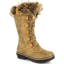 Kozaki zimowe "Sophia" w kolorze jasnobrązowym. Brązowe kozaki damskie Kimberfeel, z materiału, bez obcasa. W wyprzedaży za 329.95 zł.