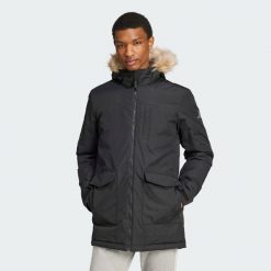 Paveric Fur Parka. Niebieskie parki męskie Adidas, l, bez wzorów, z poliamidu, klasyczne, bez kaptura. Za 664.20 zł.